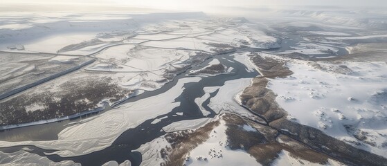 Poster - View from the height of the river with ice mountain river.Aerial view. Panoramic shot. Generative AI