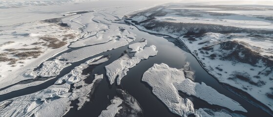 Poster - View from the height of the river with ice mountain river.Aerial view. Panoramic shot. Generative AI