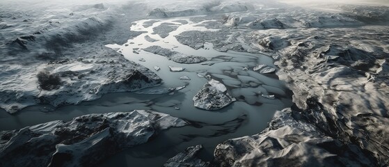 Poster - View from the height of the river with ice mountain river.Aerial view. Panoramic shot. Generative AI