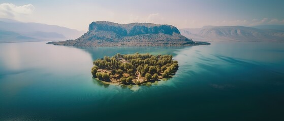Poster - View of the island in the middle of the sea with clear blue water and green palm trees.Aerial view. Panoramic shot. Generative AI