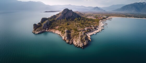 Poster - View of the island in the middle of the sea with clear blue water and green palm trees.Aerial view. Panoramic shot. Generative AI