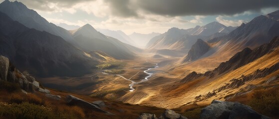 Poster - A view from a height of a mountainous area with trees.Aerial view. Panoramic shot. Generative AI