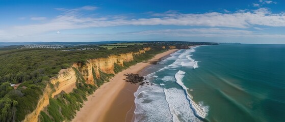 Poster - Top view of a beautiful tropical beach with sea waves.Aerial view. Panoramic shot. Generative AI