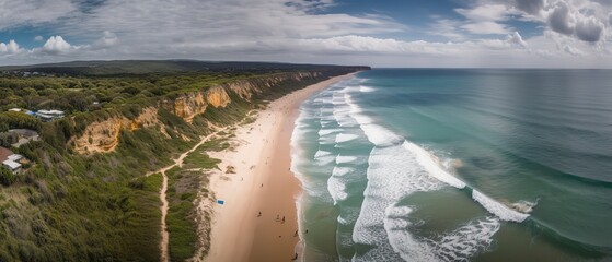Poster - Top view of a beautiful tropical beach with sea waves.Aerial view. Panoramic shot. Generative AI