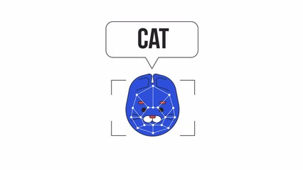 Fototapete - Cat image AI recognition animation. Animated feline 2D cartoon flat colour line character. Vision-based deep learning 4K video concept footage on white with alpha channel transparency for web design