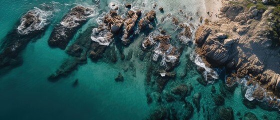 Poster - A beautiful picture of a rocky beach with a cliff from above.Aerial view. Panoramic shot. Generative AI