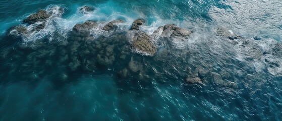 Poster - A beautiful picture of a rocky beach with a cliff from above.Aerial view. Panoramic shot. Generative AI