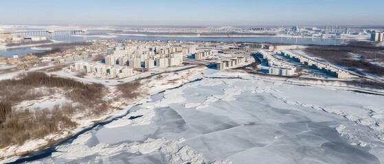 Poster - View from the height of the city in the snow .Aerial view. Panoramic shot. Generative AI