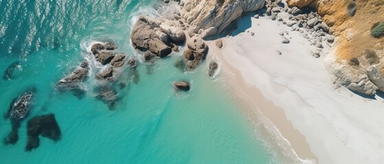 Poster - A beautiful picture of a rocky beach with a cliff from above.Aerial view. Panoramic shot. Generative AI