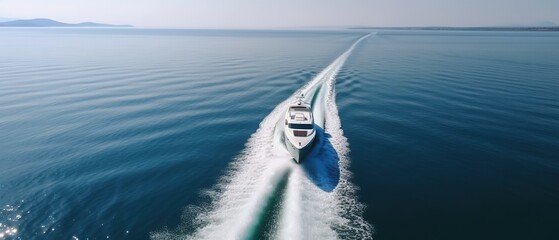 Poster - A view from a height of a speedboat in clear blue water at sunset in summer.Aerial view. Panoramic shot. Generative AI