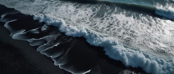 Canvas Print - Top view of a beautiful tropical beach with sea waves.Aerial view. Panoramic shot. Generative AI