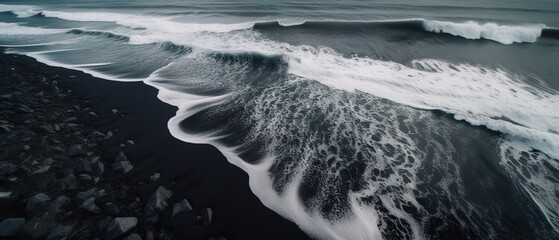 Poster - Top view of a beautiful tropical beach with sea waves.Aerial view. Panoramic shot. Generative AI
