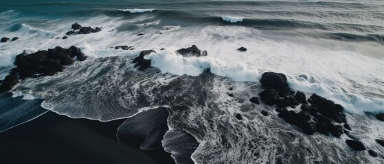 Poster - Top view of a beautiful tropical beach with sea waves.Aerial view. Panoramic shot. Generative AI