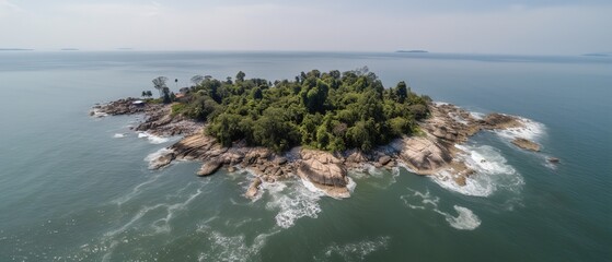 Poster - View of the island in the middle of the sea with clear blue water and green palm trees.Aerial view. Panoramic shot. Generative AI