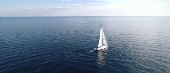 Poster - View from the height of the lake with a sailboat.Aerial view. Panoramic shot. Generative AI