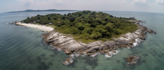 Poster - View of the island in the middle of the sea with clear blue water and green palm trees.Aerial view. Panoramic shot. Generative AI