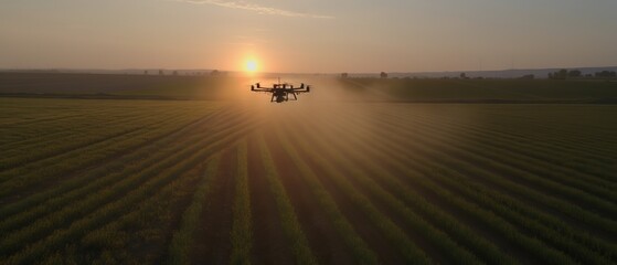 Poster - View of the field at sunset with a drone.Aerial view. Panoramic shot. Generative AI