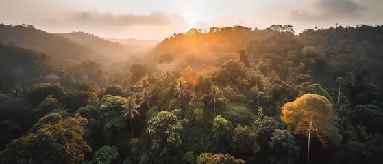 Poster - View from the height of the forest in the fog.Aerial view. Panoramic shot. Generative AI