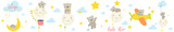 Fototapeta Dinusie - Cute collection of sleeping bear. Hot air  balloon, cloud, moon, star. Perfect for t-shirt print, nursery  textile, kids wear fashion design, baby shower invitation card.