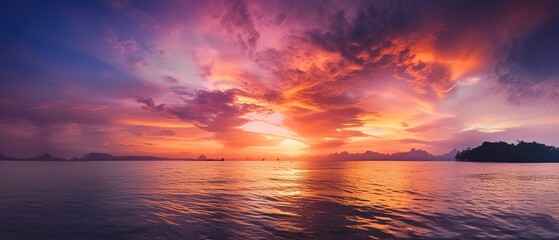 Poster - Sea view with a beautiful sunset.Aerial view. Panoramic shot. Generative AI