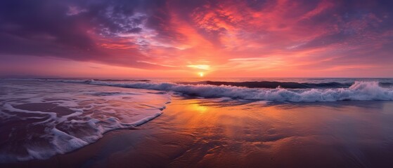 Poster - Sea view with a beautiful sunset.Aerial view. Panoramic shot. Generative AI