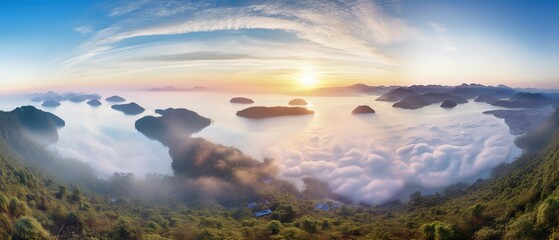 Poster - View from the height of the cliff with clouds and the sun.Aerial view. Panoramic shot. Generative AI