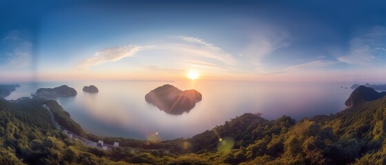 Poster - View from the height of the cliff with clouds and the sun.Aerial view. Panoramic shot. Generative AI