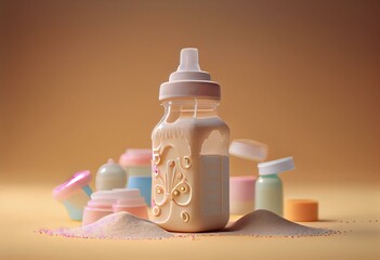 Wall Mural - Feeding bottle with baby formula on beige background. Generative AI