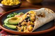 A savory, Southwestern-style breakfast burrito, filled with scrambled eggs, avocado, black beans, and salsa, served patterned plate with a side of zesty lime wedges. Generative Ai.