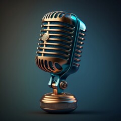 Close-up metallic microphone isolated on clean dark background. Generative AI