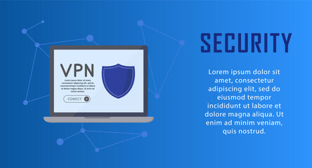 Poster - VPN system with laptop in a flat design. VPN laptop with lock shield. Security system
