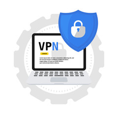 Poster - VPN system with laptop in a flat design. VPN laptop with lock shield. Security system