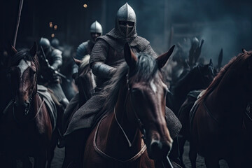 historic medieval battle recreation with cinematic lighting, soldiers on horses, knights with shinin