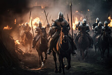 Historic Medieval Battle Recreation With Cinematic Lighting, Soldiers On Horses, Knights With Shining Armour In A Dark Ages Destructive Artwork. Crusaders In Combat Attacking The Enemy, Generative AI