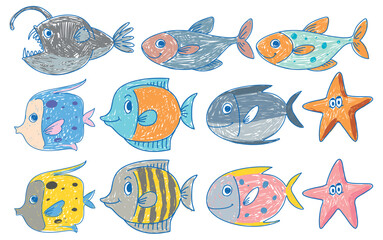 Wall Mural - Simple children scribble of fish