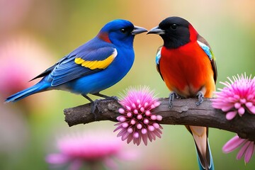 Moment of tenderness between a pair of birds,Two birds in love on a flowering branch (robins), Generative AI