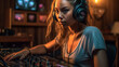 Young woman wearing headphones works in recording studio created with generative AI technology
