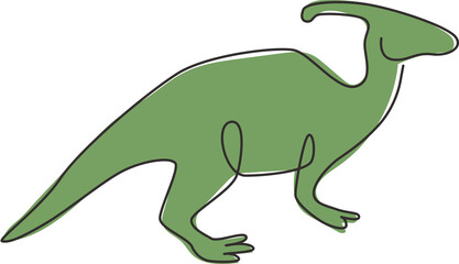 Poster - One single line drawing of aggressive parasaurolophus for logo identity. Dino animal mascot concept for prehistoric theme park icon. Modern continuous line draw design graphic vector illustration