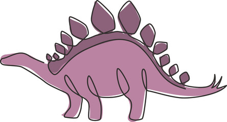 Poster - Single continuous line drawing of thorny tail stegosaurus for logo identity. Prehistoric animal mascot concept for dinosaurs theme amusement park icon. One line draw design graphic vector illustration