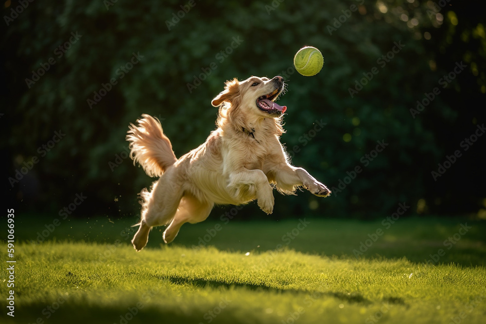 Golden retriever dog jumping happily in the air catching a ball ...