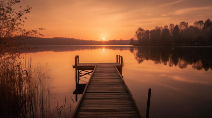  Sunset scene of a dock leading towards glassy lake - Generative AI
