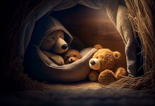 Bear And Teddy Bear Sleep In A Hole In The New Year. Generative AI