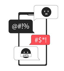 Poster - smartphone with hate messages black and white concept vector spot illustration. editable 2d flat mon