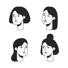 Poster - Women expressing disappointment monochromatic flat vector character faces pack. Black and white avatar icons. Editable cartoon user portraits. Hand drawn spot illustrations for web graphic design