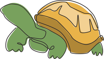 Poster - One single line drawing of big land tortoise for social company logo identity. Adorable creature reptile animal mascot concept for conservation foundation. Continuous line draw design illustration