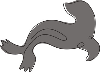 Poster - One single line drawing of adorable sea lion for aquatic park logo identity. Cute creature mammal animal mascot concept for circus show. Trendy continuous line draw design vector graphic illustration