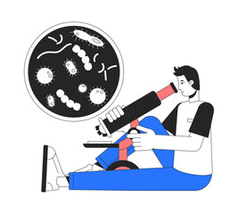 Poster - clinical studies flat line concept vector spot illustration. researcher using microscope 2d cartoon 
