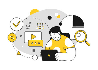 Poster - Support agent, social media marketing and advertisement of product or service. Business development, employee at work. Vector in flat cartoon illustration