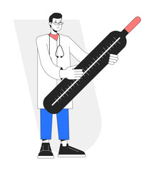 Poster - taking temperature flat line concept vector spot illustration. doctor with mercury thermometer 2d ca