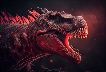 Poster - red majungasaurus attack. Generative AI